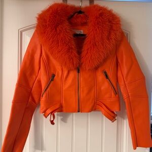 Vibrant Orange Leather Jacket with Faux Fur Collar